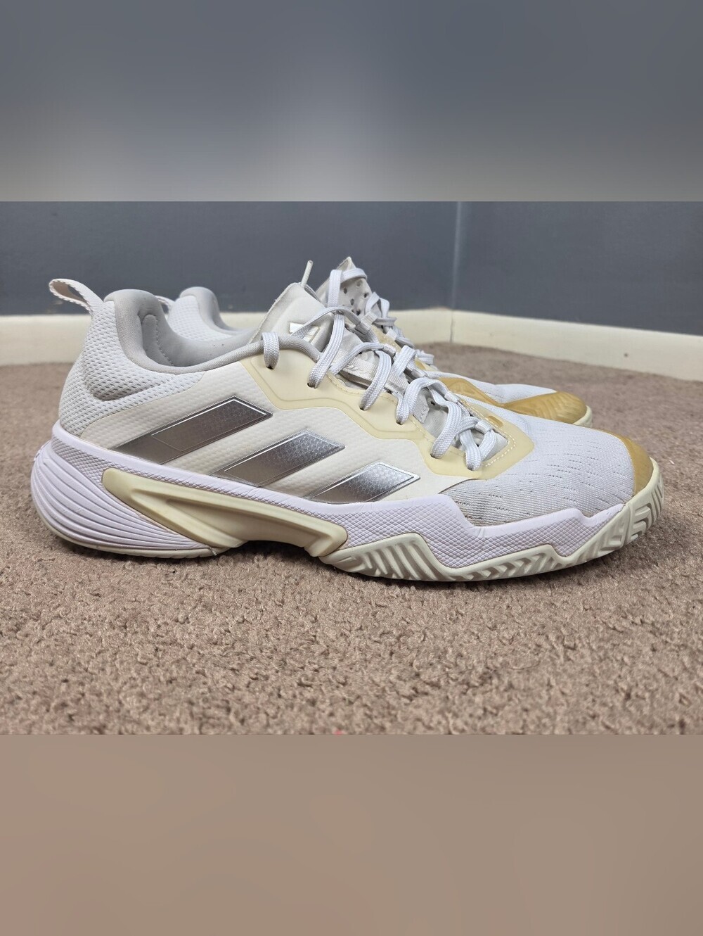 Adidas Barricade White Tennis Shoes with Silver Stripes